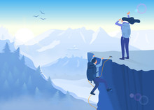 Concept Of Determination, Perseverance And Never Giving Up In The Face Of A Challenge With Two Mountaineers Climbing A Precipitous Cliff To Reach The Summit Of A Mountain - Achievement And Success