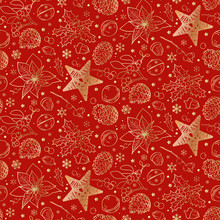 Christmas And New Year. Festive Pattern - Golden Cones, Poinsettia, Mistletoe Branches, Bells, Holly, Stars, Snowflakes On A Red Background. Seamless.