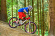 verwegener Mountainbiker beim Downhill im Wald
