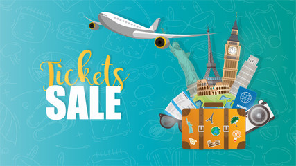 Travel banner. Tickets sale. Vector template design with travel and world famous landmarks and tourist directions elements in colorful background. Vector illustration