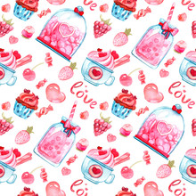 Cute Pink Love Pattern With Cakes, Coffee, Sweets, Hearts And Berries. 