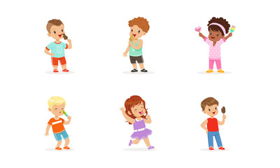 Sticker - Little Kids Enjoying Eating Ice-cream Vector Set