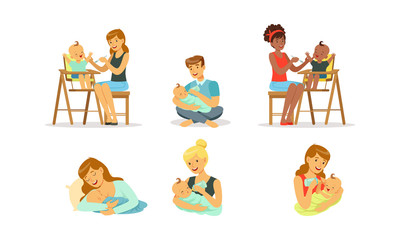 Canvas Print - Young Mother and Father Feeding Newborn Baby with Breast and Bottle Vector Set