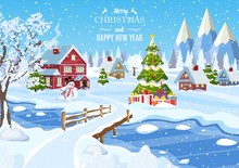 Suburban House Covered Snow. Building In Holiday Ornament. Happy New Year Decoration. Merry Christmas Holiday. New Year Xmas Celebration. Vector Illustration