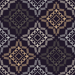 Ethnic boho seamless pattern. Lace. Embroidery on fabric. Patchwork texture. Weaving. Traditional ornament. Tribal pattern. Folk motif. Vector illustration for web design or print.