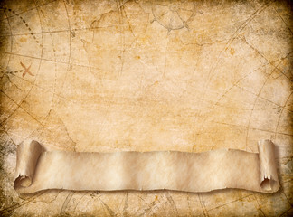 Poster - Old map background with blank scroll paper banner