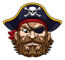 A Pirate Cartoon Character Captain Mascot Face With Skull And Crossed Bones On His Tricorne Hat