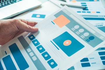 Poster - Website designer Creative planning application developer development draft sketch drawing template layout prototype framework wireframe design studio . User experience concept .