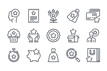 Customer reward service related line icon set. Loyalty program and client bonuses linear icons. Coupon and point tickets outline vector sign collection.