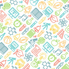 Fototapete - Seamless vector school background. Education pattern with modern line style icons.