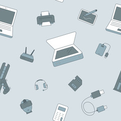 Fototapete - Electronic devices background - Vector color seamless pattern of technique and computer for graphic design