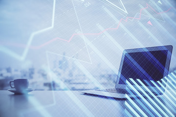 Aufkleber - Stock market graph on background with desk and personal computer. Double exposure. Concept of financial analysis.