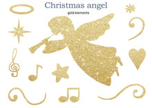 Watercolor Clipart Christmas Angel Shine Gold And Golden Elements Happy Holiday Symbol, Stars, Notes, Heart, Halo