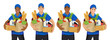 © annagarmatiy - Set of young African American and European delivery wen and women. Smiling female and male couriers wearing blue t-shirt and cap holding paper bag and box with products. Food delivery service. Vector