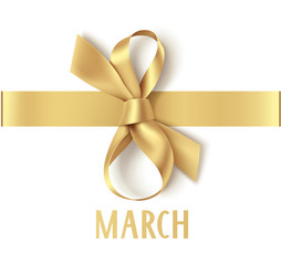 Wall Mural - 8 march. happy womens day. decorative golden bow with horizontal ribbon isolated on white background