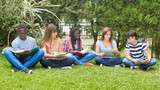Fototapeta Londyn - Five teens hang out in a park. Students of multi ethnic classroom seated on the grass doing homework