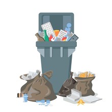 Plastic Garbage Bin Full Of Trash. Waste Recycling And Management. Can Full Of Overflowing Trash, Plastic Bags With Box, Papers, Glass, Bottles, E-waste. Cleaning City Banner Template. Household Waste