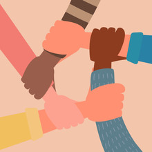 Human Hand Crowd Unite Teamwork Friends Holding Together Concept, Cultural Diversity. Flat Vector Cartoon Illustration	