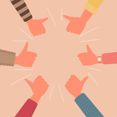 young people hands thumb up together in circle shape, unity teamwork, community, cooperation, and partnership support concept. cartoon flat vector illustration