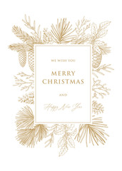 Wall Mural - christmas and new year cards with pine tree branches and cones. hand drawn vector