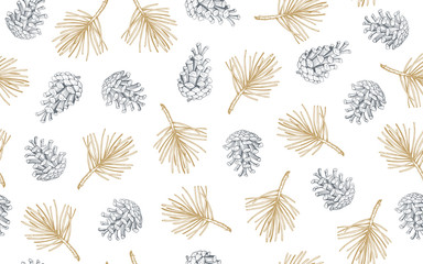 hand drawn seamless pattern with pine cones and branches. vector