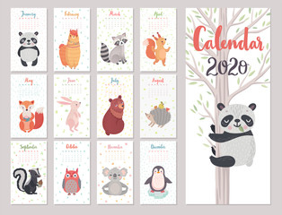 Wall Mural - Calendar 2020 with Animals . Cute forest characters. Vector illustration.