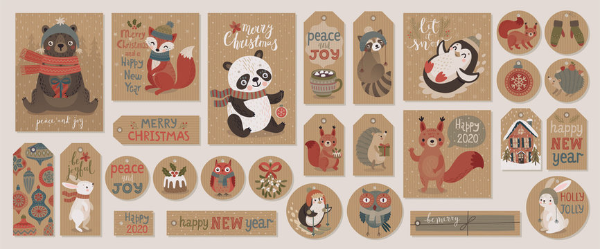 Fototapete - Christmas kraft paper cards and gift tags set, hand drawn style.