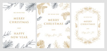 Christmas And New Year Cards With Pine Tree Branches And Cones. Hand Drawn Vector
