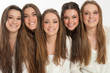 studio portrait of 5 happy teenage girls 