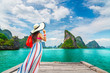 Stylish traveler woman joy beautiful nature scenic landscape Phang-Nga bay, Attraction adventure landmark tourist travel Phuket Thailand summer holiday vacation trip, Tourism destination scenery Asia