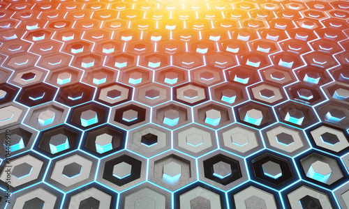 Glowing black blue and orange hexagons background pattern on silver metal sur...