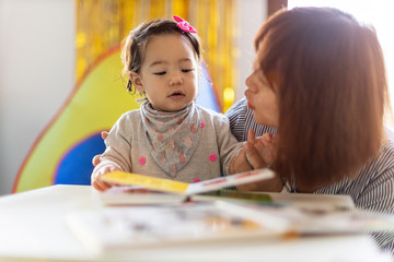 Mother and daughter reading a book together