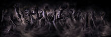 Zombie Hands Banner/ Illustration Horror Zombie Hands In A Mist. Digital Painting