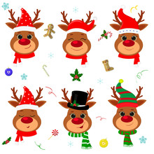 Happy New Year And Merry Christmas. Set Of Six Cute Reindeer Head With Different Emotions In Different Santa Claus Hat And Scarf, Snowman, Elf. Christmas Accessories. Cartoon, Flat Style, Vector