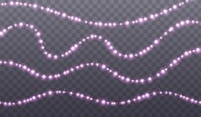 Christmas Garland Isolated On Transparent Background. Glowing Pink Light Bulbs With Sparkles. Xmas, New Year, Wedding Or Birthday Decor. Party Event Decoration. Winter Holiday Season Element.