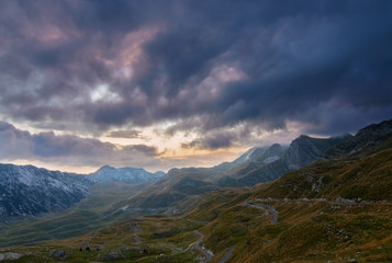 Poster - Summer sunset mountaine landscape with cloudy sky. Mountain scenery, National park Durmitor, Zabljak, Montenegro.