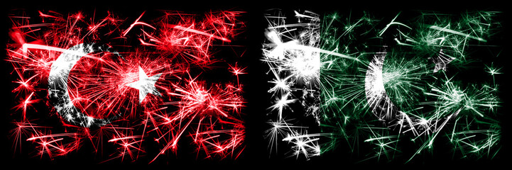 Turkey, Turkish vs Pakistan, Pakistani New Year celebration sparkling fireworks flags concept background. Combination of two abstract states flags.