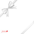 White, silver isolated ribbon with bow tied to corner with a knot. Gift. Vector illustration.