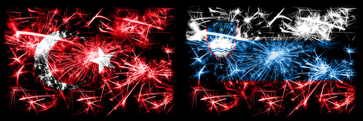 Turkey, Turkish vs Slovenia, Slovenian New Year celebration sparkling fireworks flags concept background. Combination of two abstract states flags.