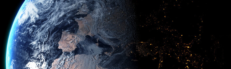Wall Mural - sunrise over the planet earth concept showing day and night with city lights panoramic over europe