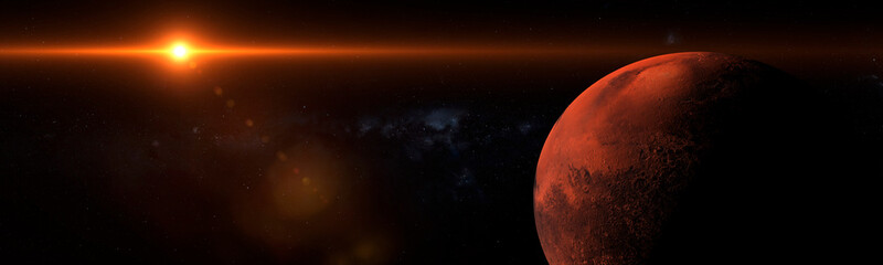 Wall Mural - sunrise over the planet mars in space with strong flare and shadows panoramic