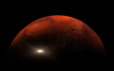 Wall Mural - small satellite travelling across the surface of mars with strong shadows on the surface