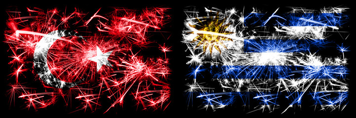 Turkey, Turkish vs Uruguay, Uruguayan New Year celebration sparkling fireworks flags concept background. Combination of two abstract states flags.