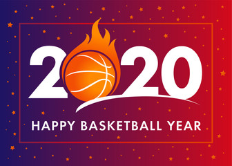 Happy Basketball Year 2020 text with ball in flame on orange background. Merry Christmas vector illustration with 2 and ball & 20 number, invitation card for winter basketball tournament