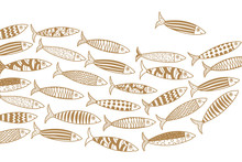 Cute Gold Fish. Wave. Vector Sea Poster.