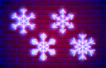 Neon Snowflakes Set With Glowing Purple And Blue Lights In 80s Or Cyberpunk Style