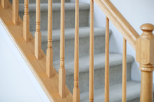 Wooden Stairs. Stair Handrail Closeup. - Image