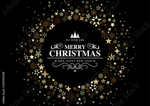 Black Christmas Greeting Card with Stars and Snowflakes Arranged in a Circula...