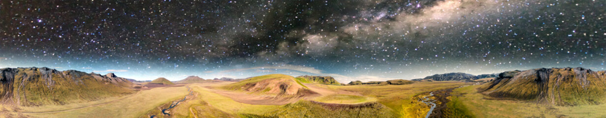 amazing landscape of landmannalaugar magnificent highlands at night in summer season, aerial view fr