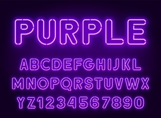 Aufkleber - Neon rounded purple font, glowing alphabet with numbers. on a dark background.